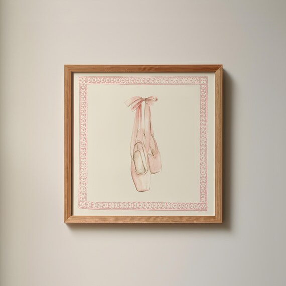 Pink Ballet Pointe Shoes Watercolor Ribbon Border Nursery Wall Art
