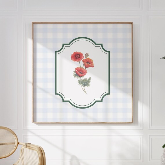 Red Watercolor Poppies in Green Vintage Cartouche on Gingham Poster