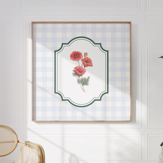 Vintage Blue Poppy Floral Square Print Instant Wall Art Trendy Decor Illustration Living Room Art Nursery Decor