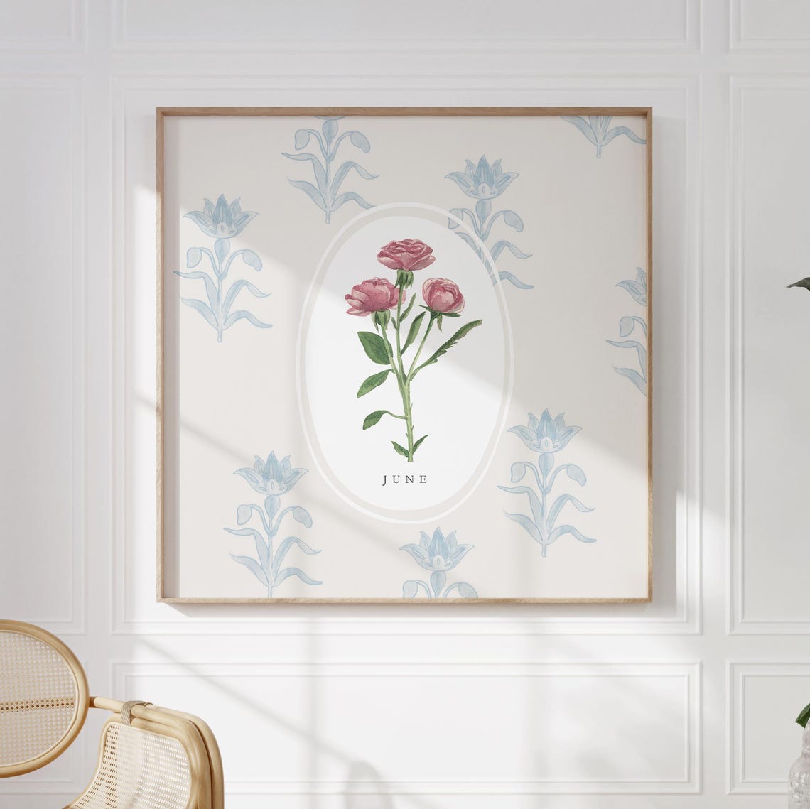 June Rose Birth Flower Blue Pattern Framed Botanical Art Poster - Image 2