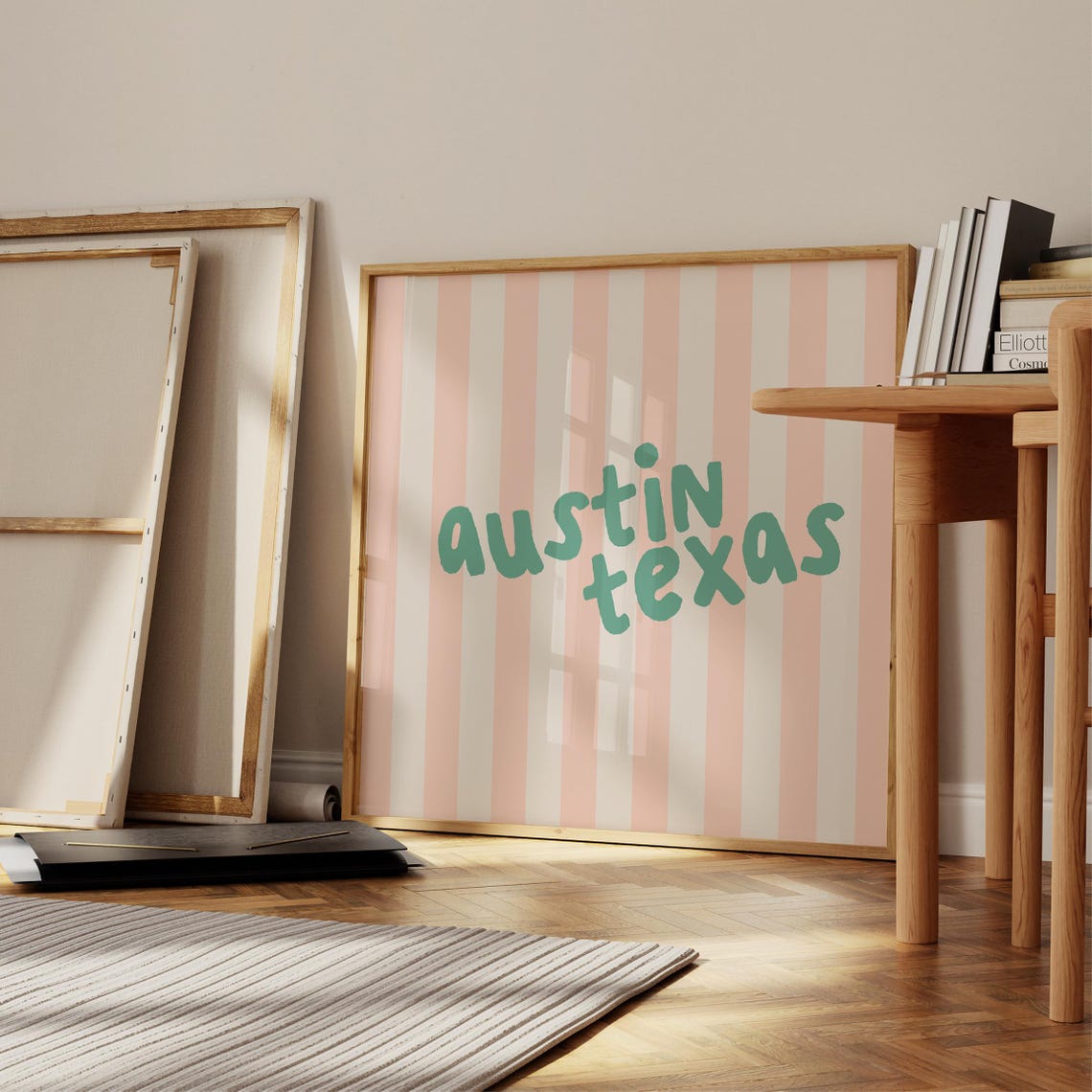 Austin Texas Teal Hand Lettered Pink Striped Square City Name Poster - Image 3