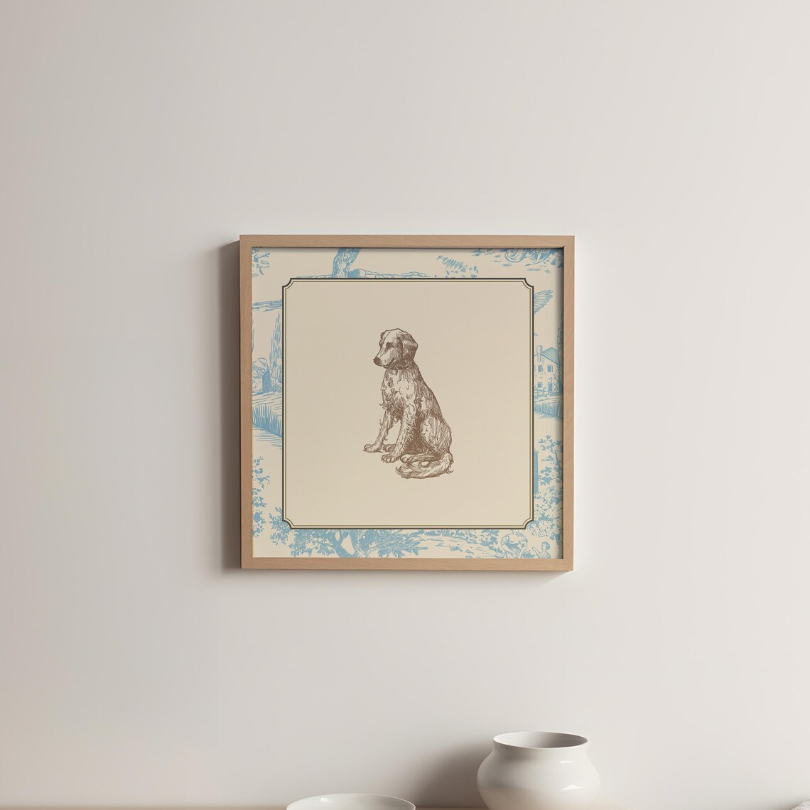 Vintage Blue Toile Sitting Puppy Sketch Cottage Nursery Wall Art Print - Image 5
