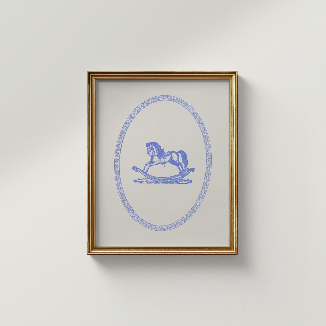 Blue Vintage Rocking Horse In Oval Frame Nursery Room Poster - Image 2