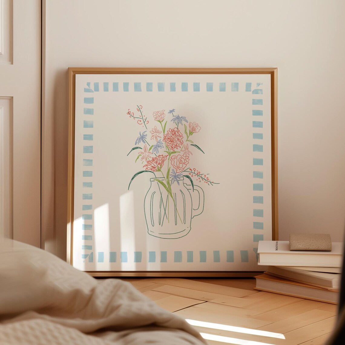 Baby Blue Mason Jar Doodle, Botanical Illustration