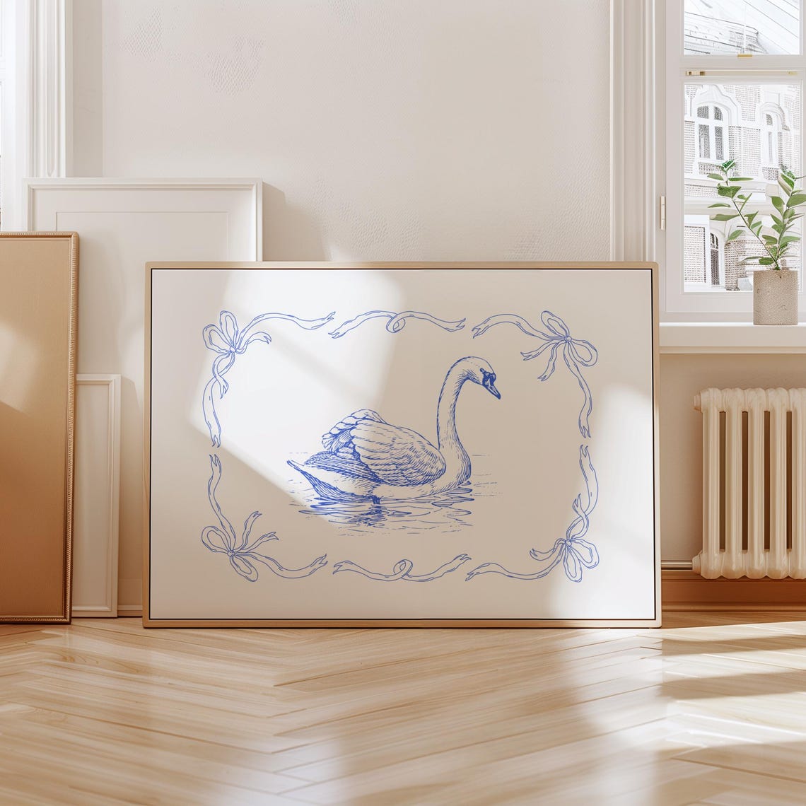 Blue Ink Swan Sketch with Ribbon Bow Border Vintage Nursery Poster - Image 2
