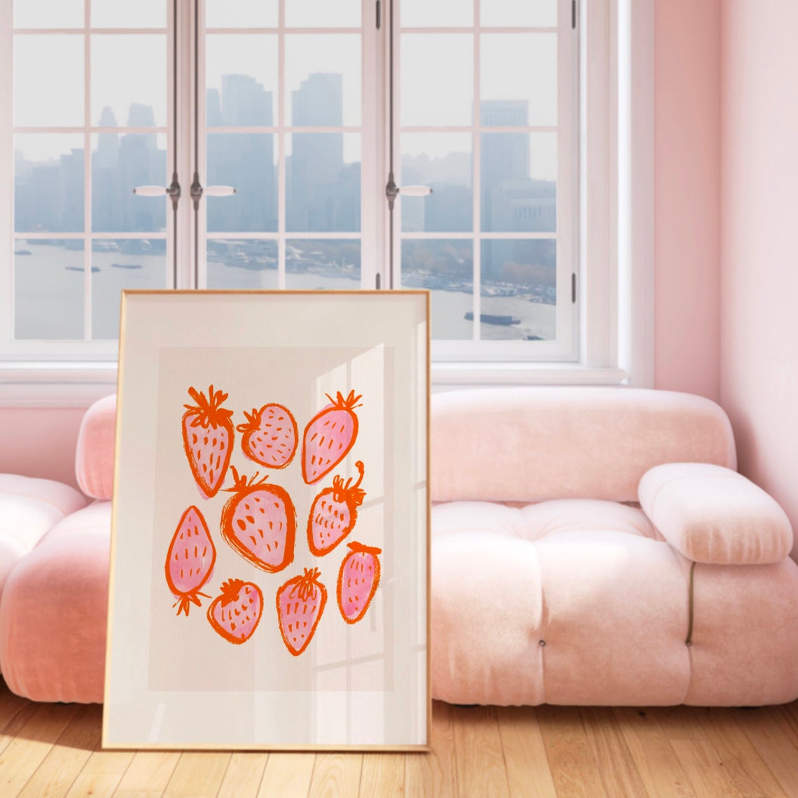 Scattered Pink Strawberries Hand Drawn Kitchen Fruit Art Poster