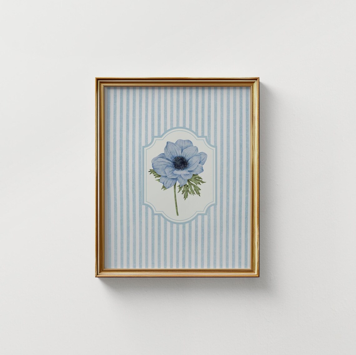 Blue Anemone Blossom on Striped Scalloped Vintage Floral Art Poster - Image 2