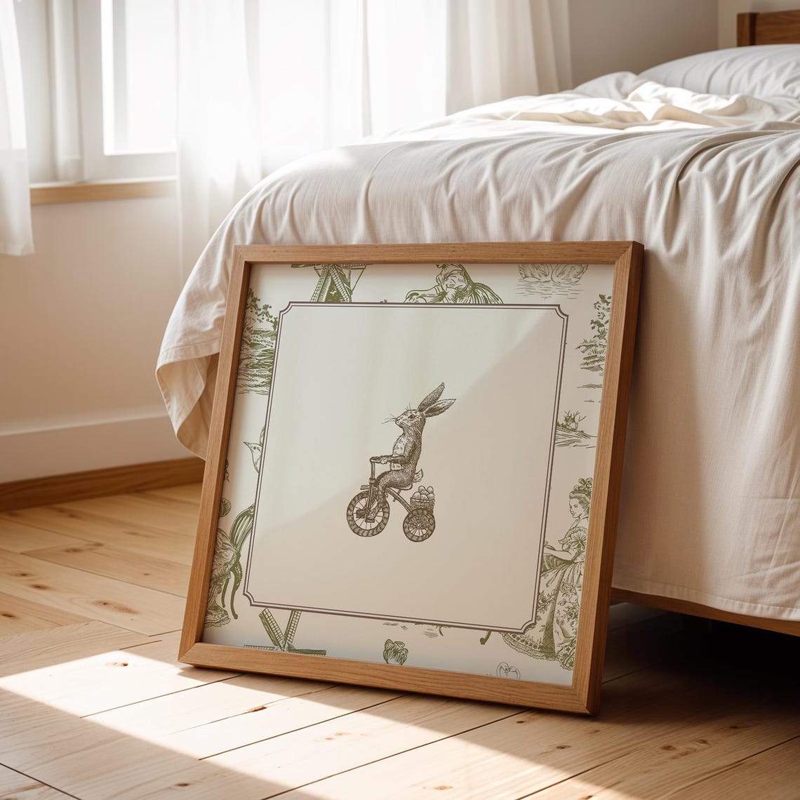 Green Toile Border Bunny Riding Bicycle Whimsical Nursery Poster - Image 3
