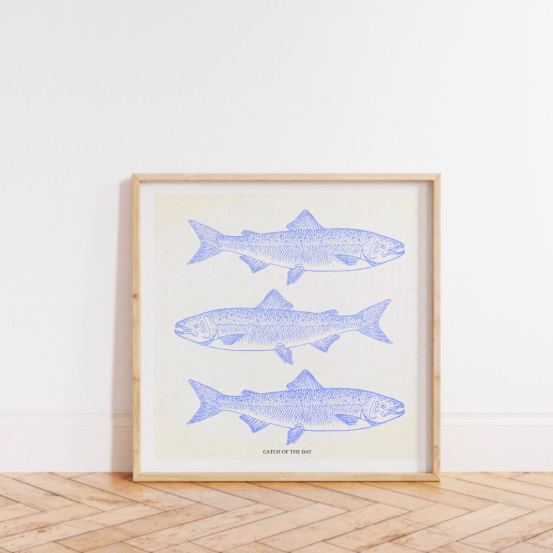 Salmon Illustration Print, Blue Thin Line Decor - Image 2
