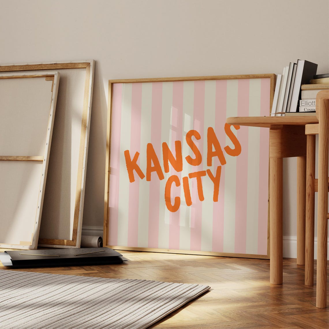 Kansas City Orange Hand Lettered Pink Striped Square City Name Poster - Image 2