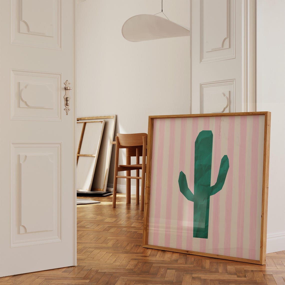 Green Saguaro Cactus Pink Striped Background Modern Desert Wall Poster - Image 4