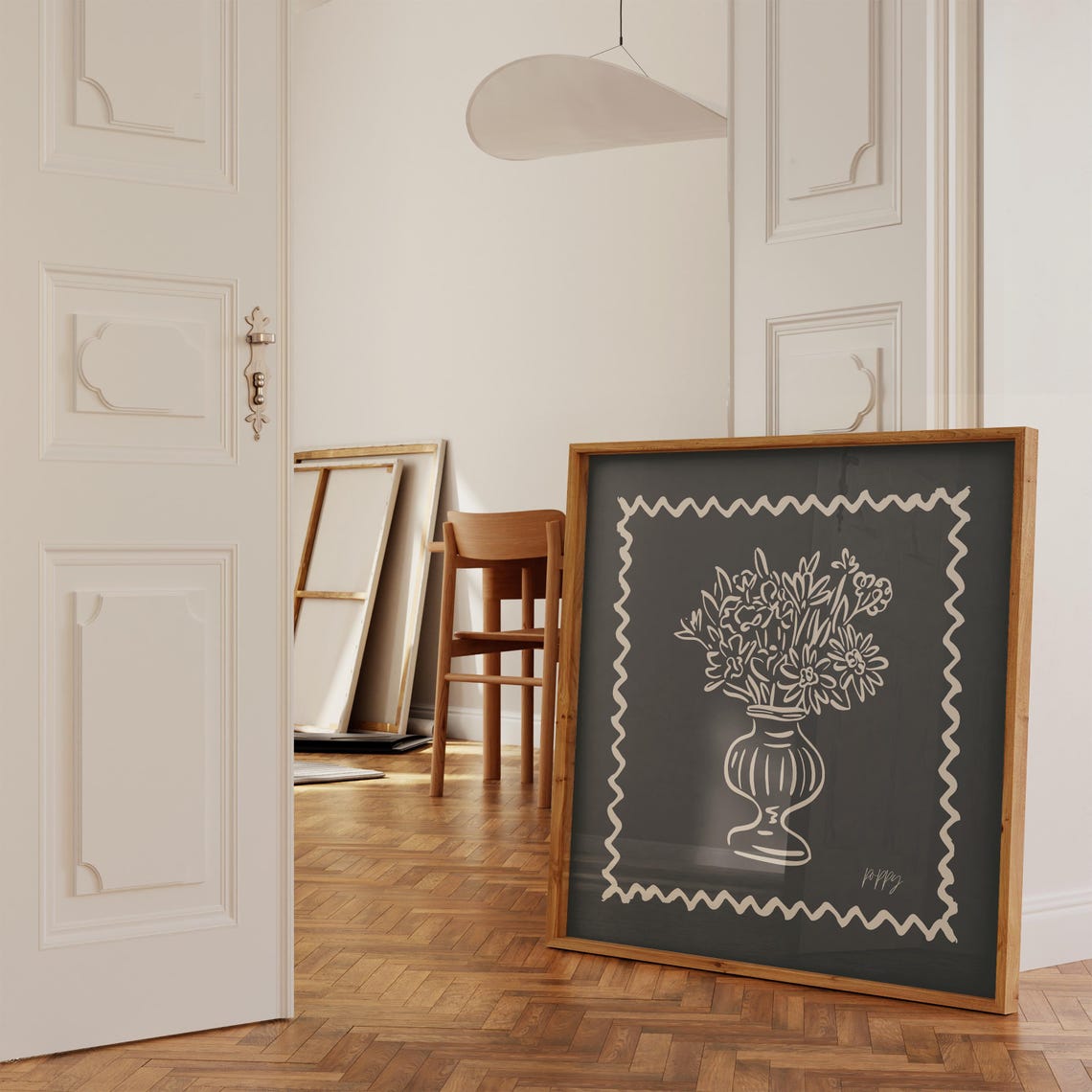 Black Background Cream Line Wildflower Bouquet Vase Modern Wall Poster - Image 3