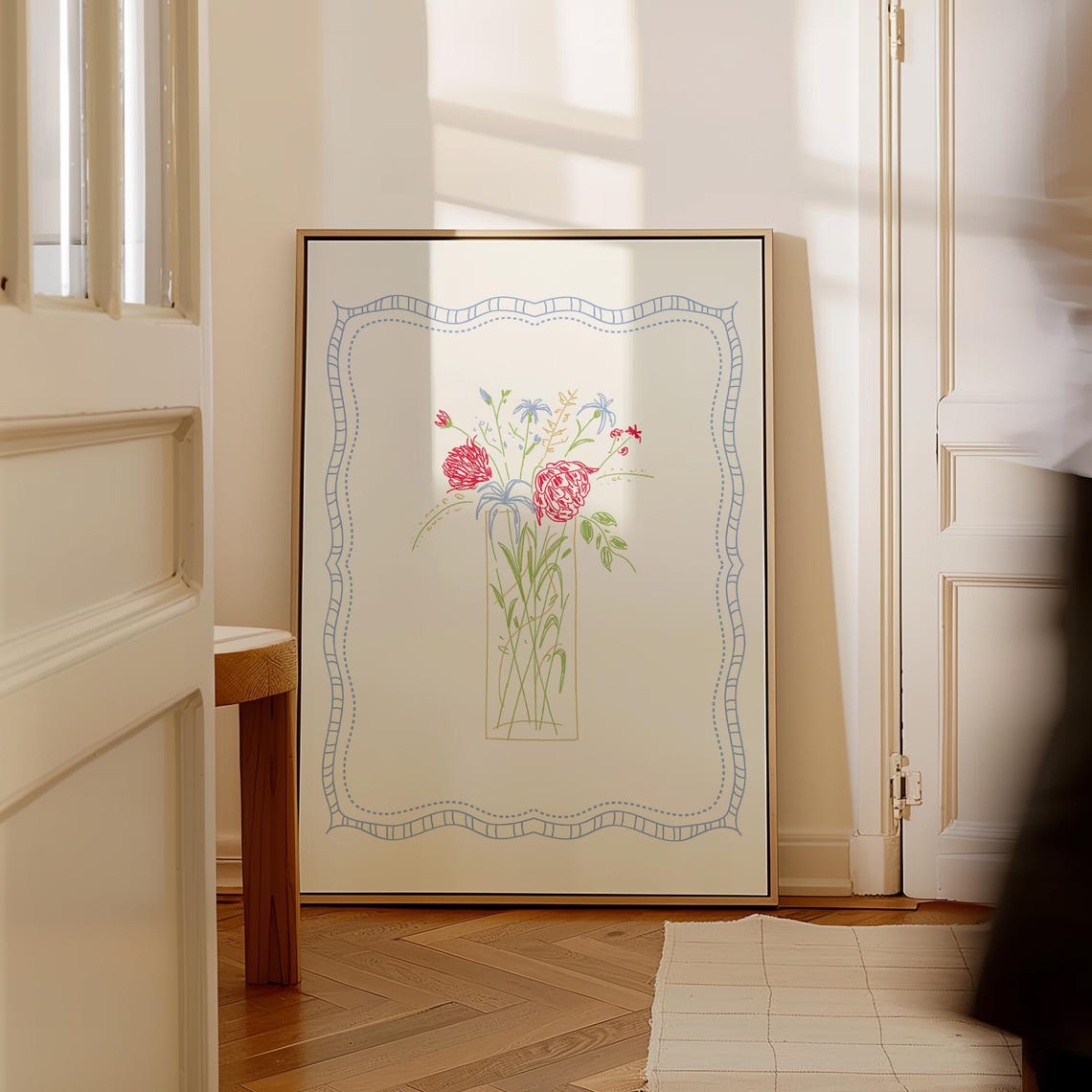 Wildflower Bouquet Vase Doodle Illustration Blue Border Wall Art Print - Image 3