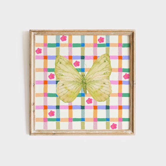 Colorful Hand Drawn Check Butterfly Print Instant Wall Art Trendy Decor Illustration Living Room Art Nursery