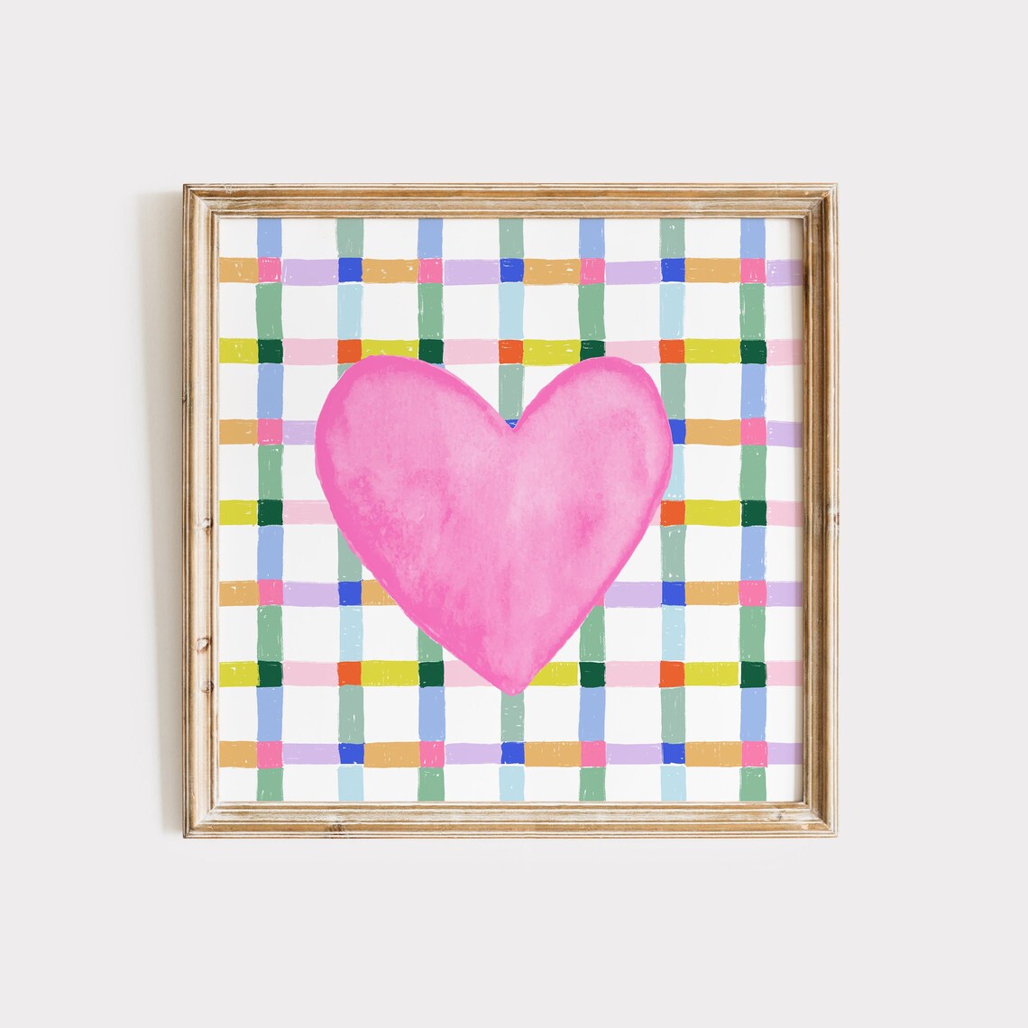Big Pink Watercolor Heart Colorful Check Plaid Kids Room Wall Art