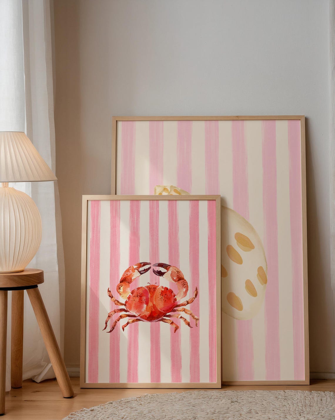 Red Watercolor Crab Pink Stripe Background Coastal Animal Art Poster - Image 5