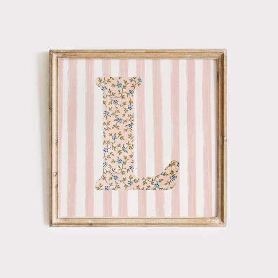 L Square Initial Floral Watercolor Vintage Art Print