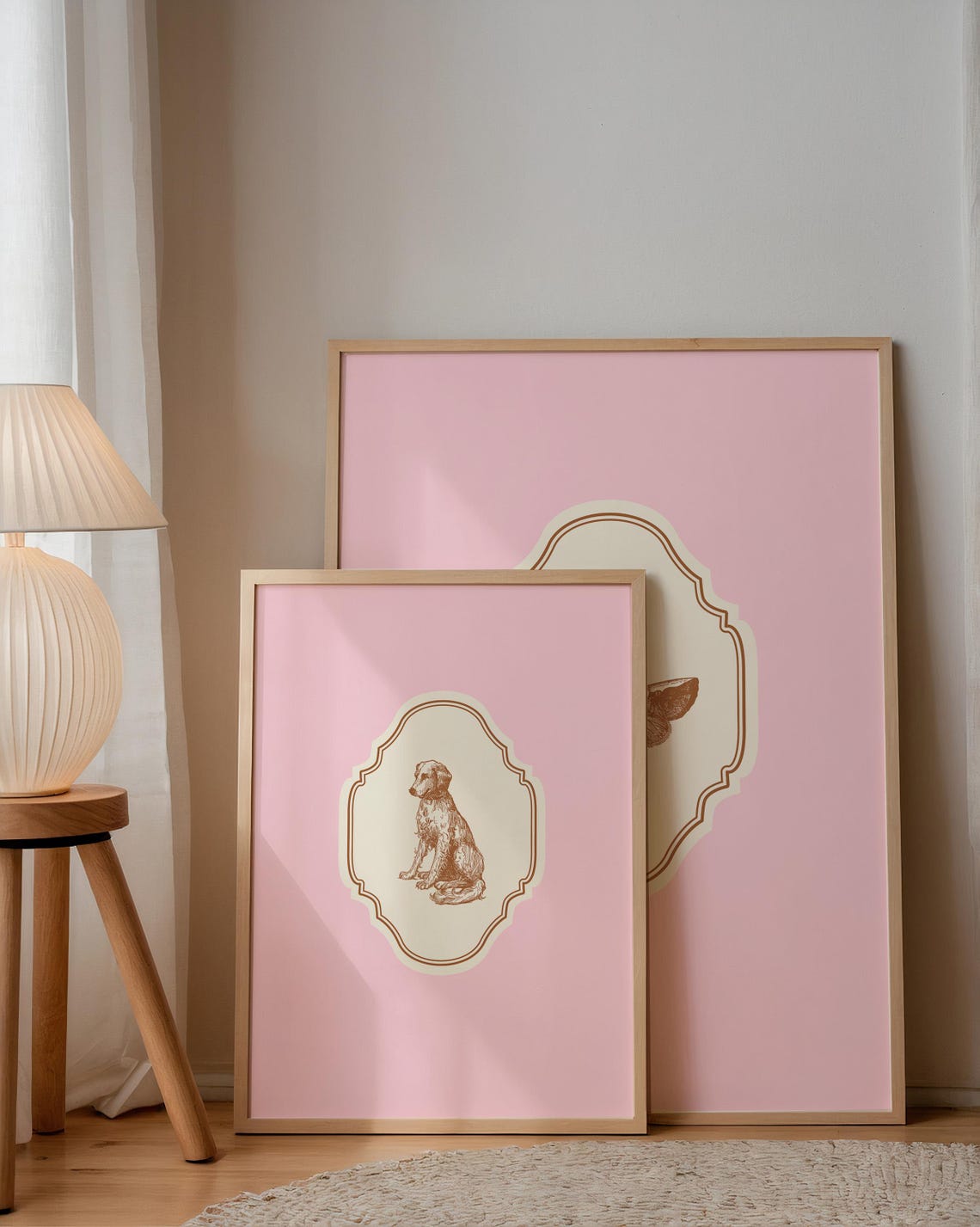 Vintage Sitting Dog Etching Pink Vertical Ornate Nursery Wall Art - Image 4