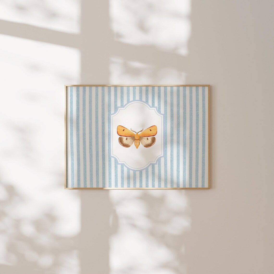 Vintage Orange Moth Illustration on Blue Striped Nursery Poster - Image 2