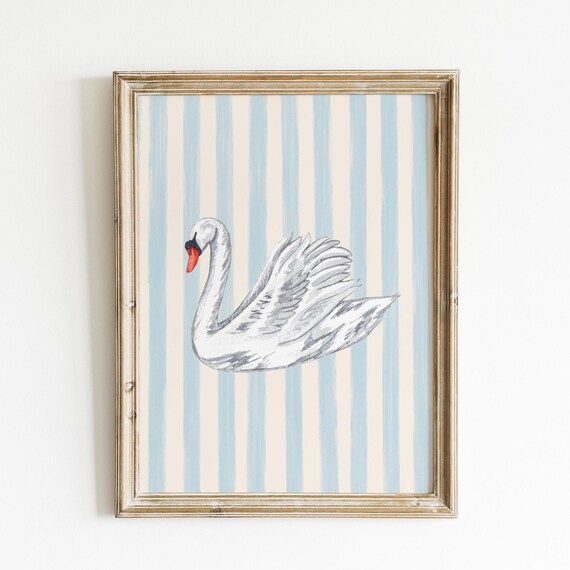 White Swan Watercolor on Blue Striped Nursery Wall Decor Poster