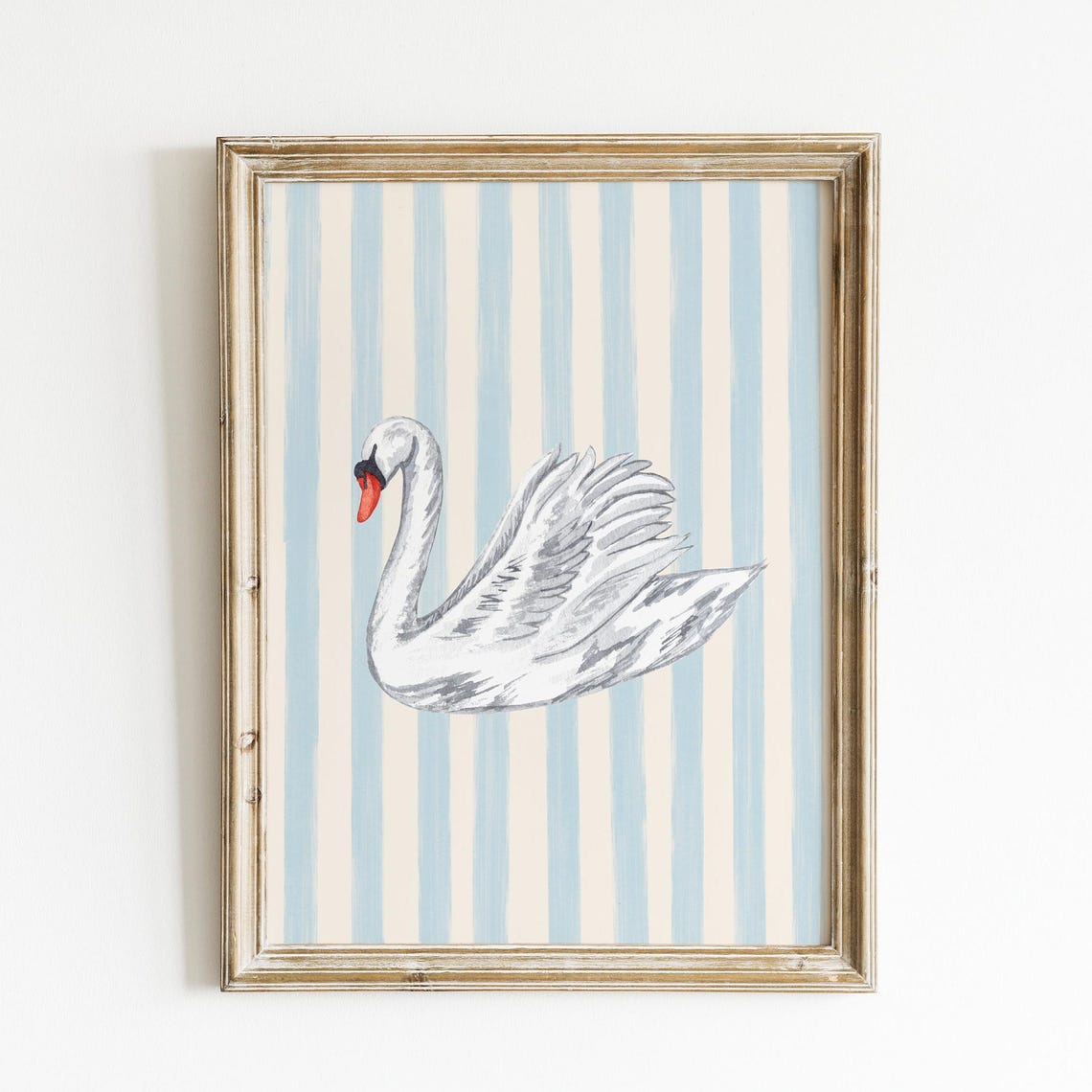 White Swan Watercolor on Blue Striped Nursery Wall Decor Poster