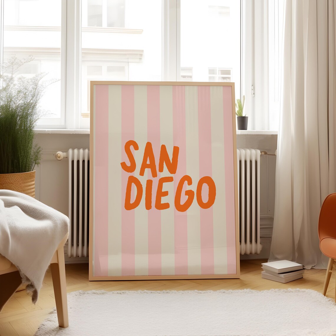 San Diego Bold Orange Typography Pink Striped Vertical City Art Poster - Image 3