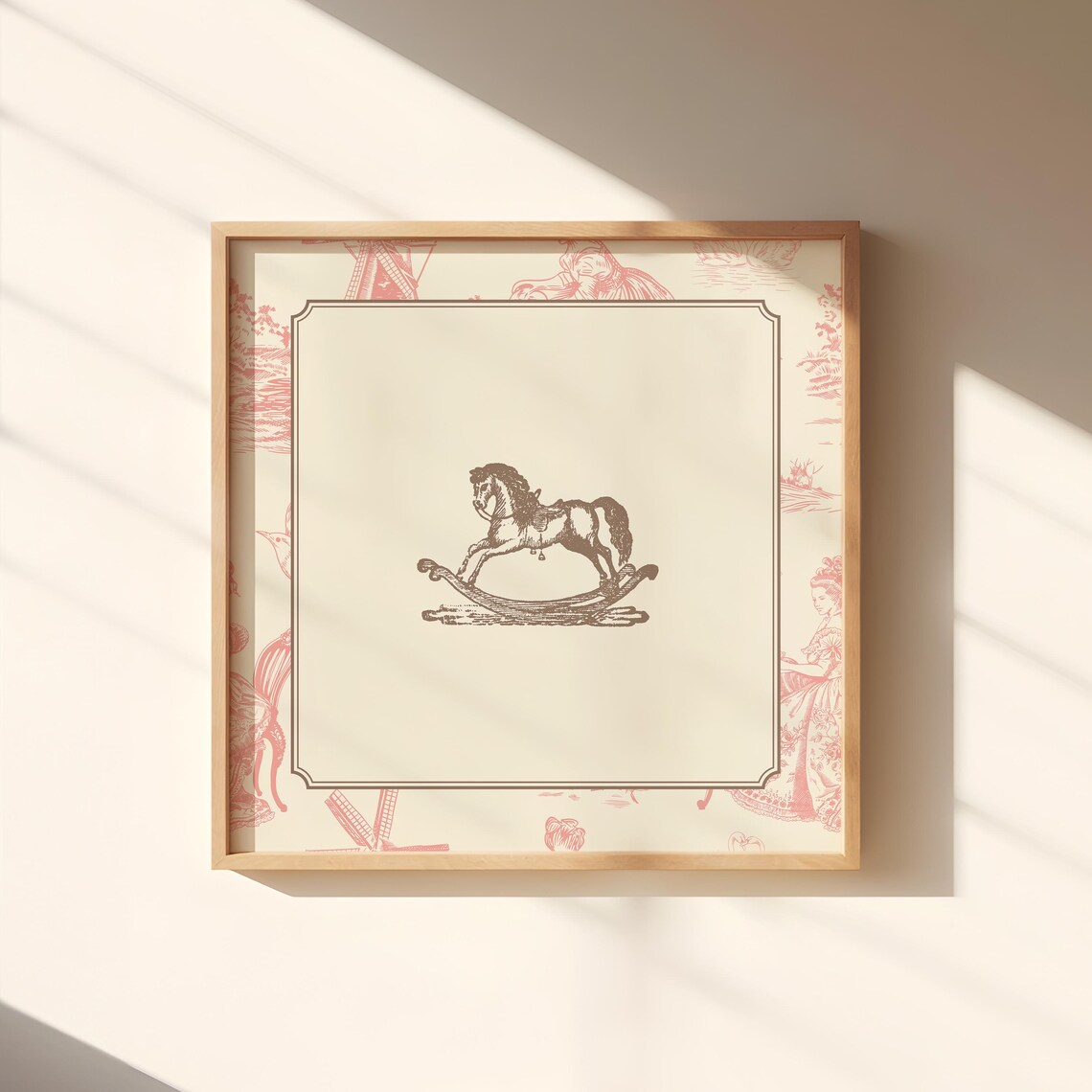 Pink Toile Border Vintage Rocking Horse Engraving Nursery Poster - Image 4