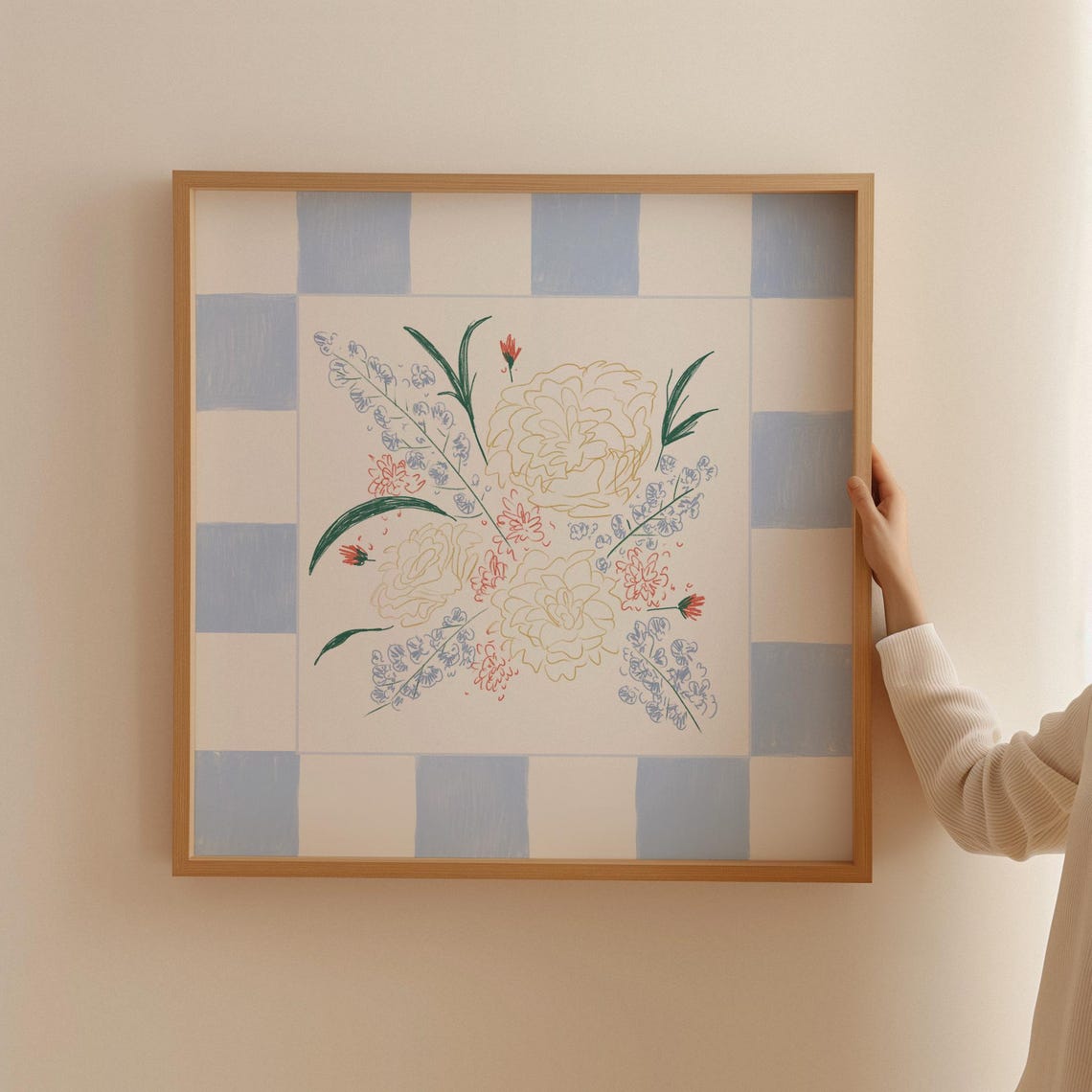 Delicate Peony Blossom Line Bouquet Blue Checkered Border Poster - Image 2