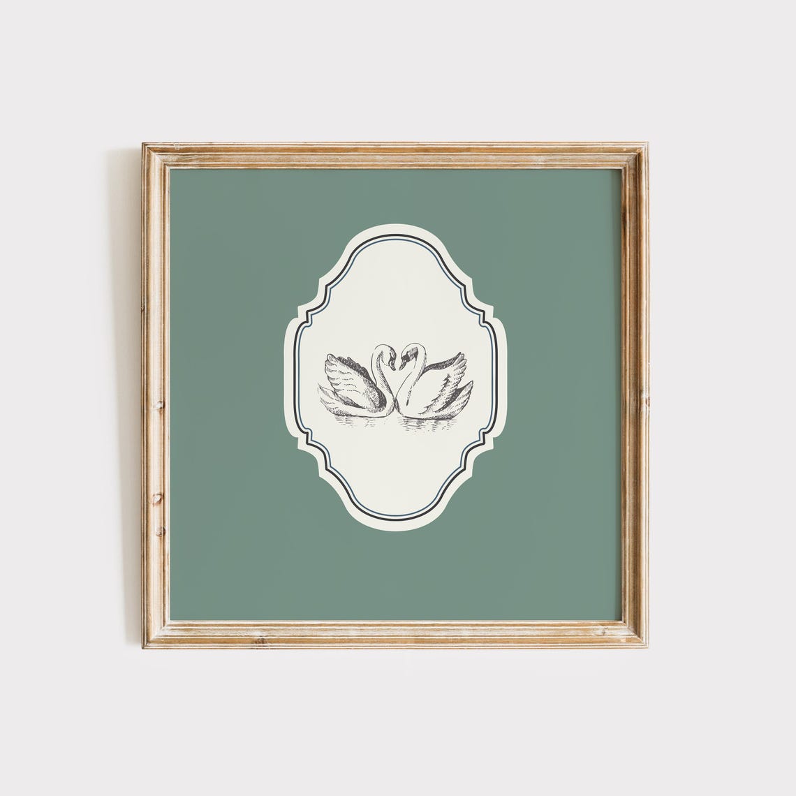 Sage Green Vintage Swans Engraving Poster Nursery Wall Decor Art