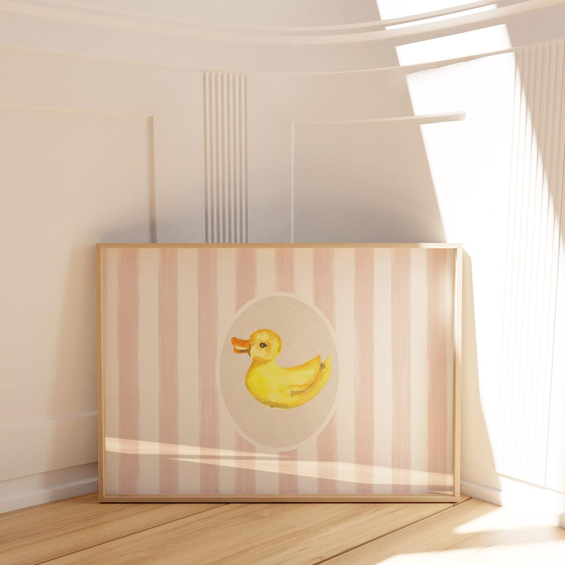 Yellow Rubber Duck in Oval Frame on Pink Striped Nursery Poster - Image 2