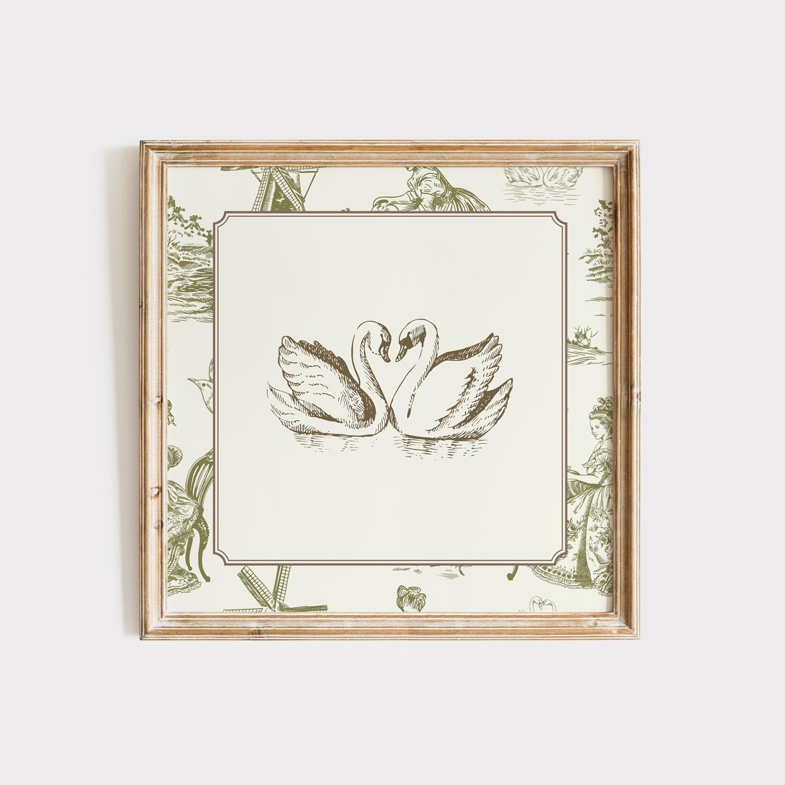 Green Toile Border Two Swans Engraving Romantic Vintage Poster - Image 4