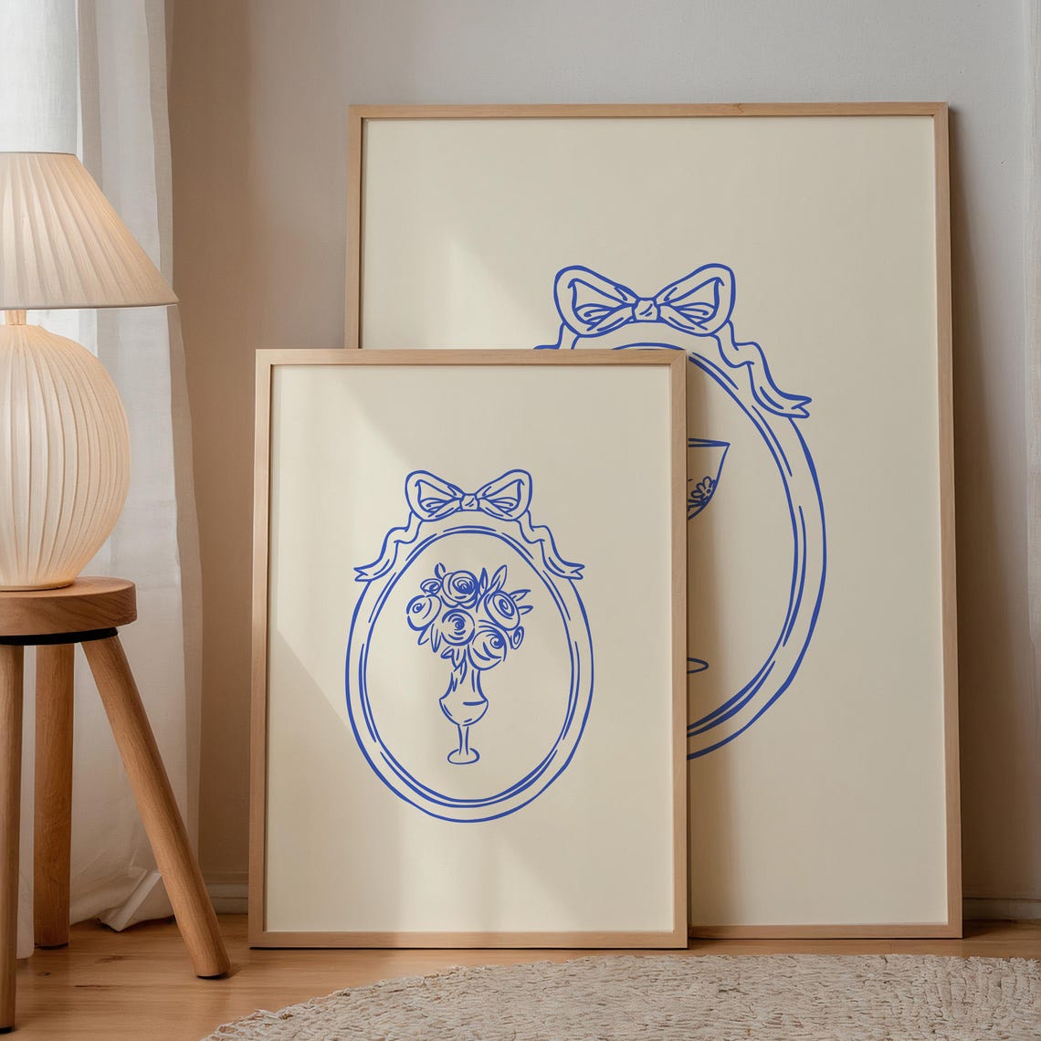 Blue Line Rose Bouquet Ribbon Frame Vintage Botanical Vertical Poster - Image 2