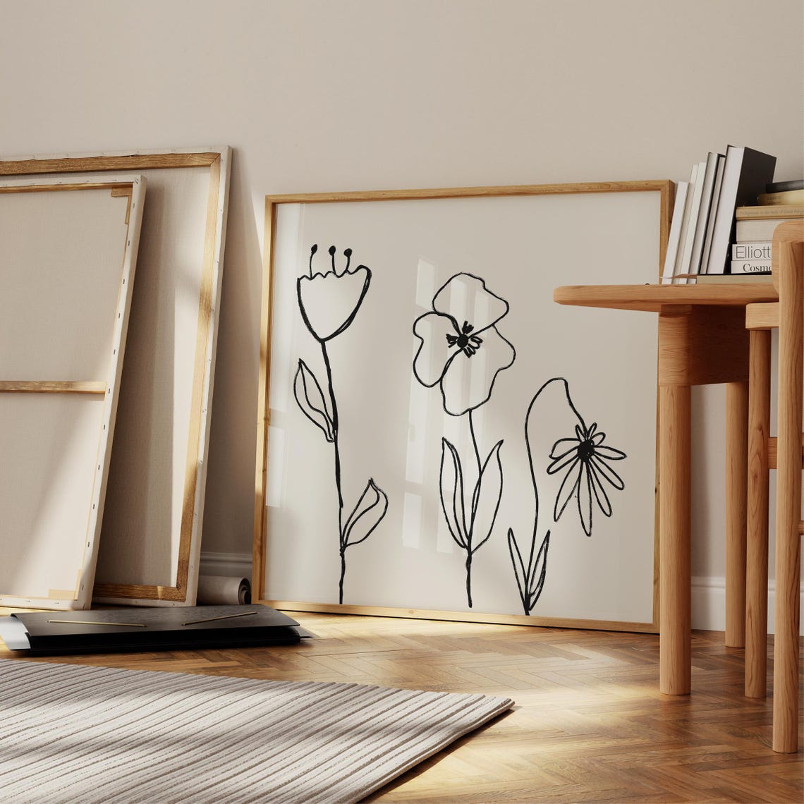Minimalist Black Line Art Wildflowers Cream Modern Nursery Wall Art - Image 2
