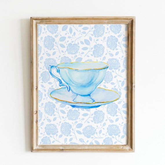 Blue Floral English Tea Print Wall Art Trendy Decor Abstract Vintage Painting English Garden Cottagecore Decor