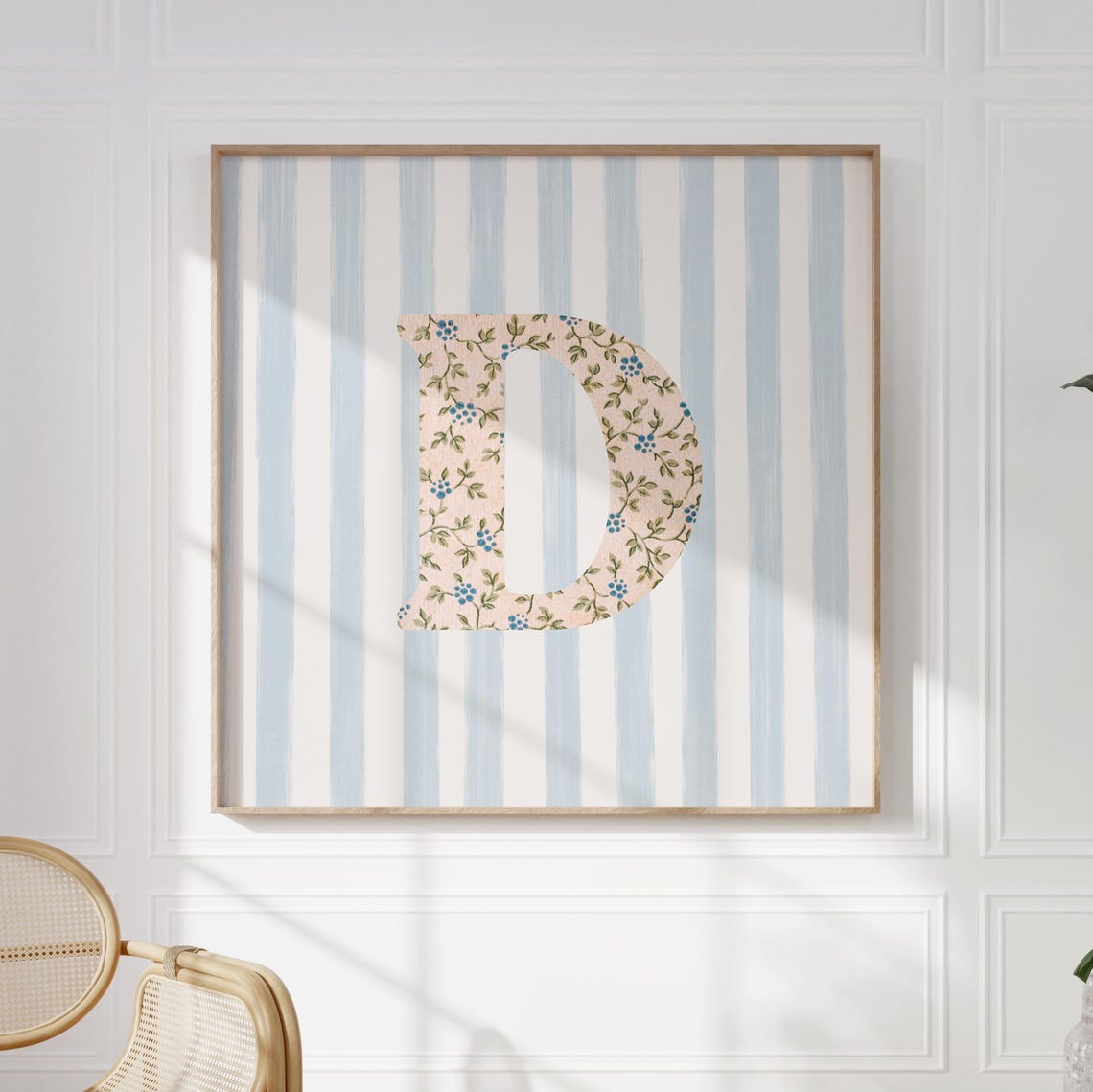 Floral Chintz Letter D Monogram Initial Blue Striped Wall Poster