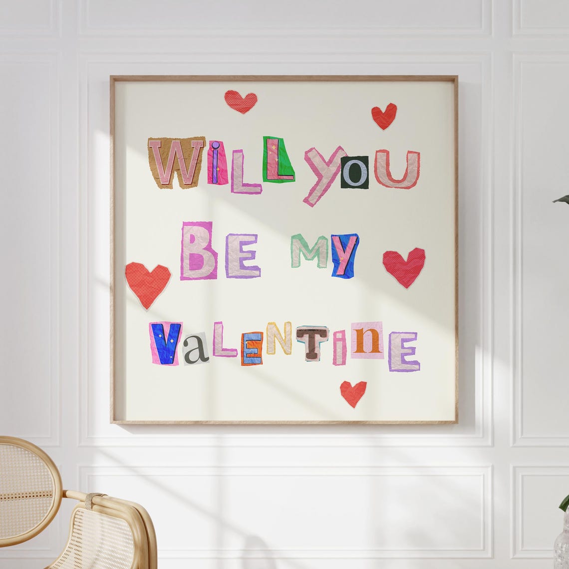 Will You Be My Valentine Ransom Note Lettering Hearts Art Poster - Image 3