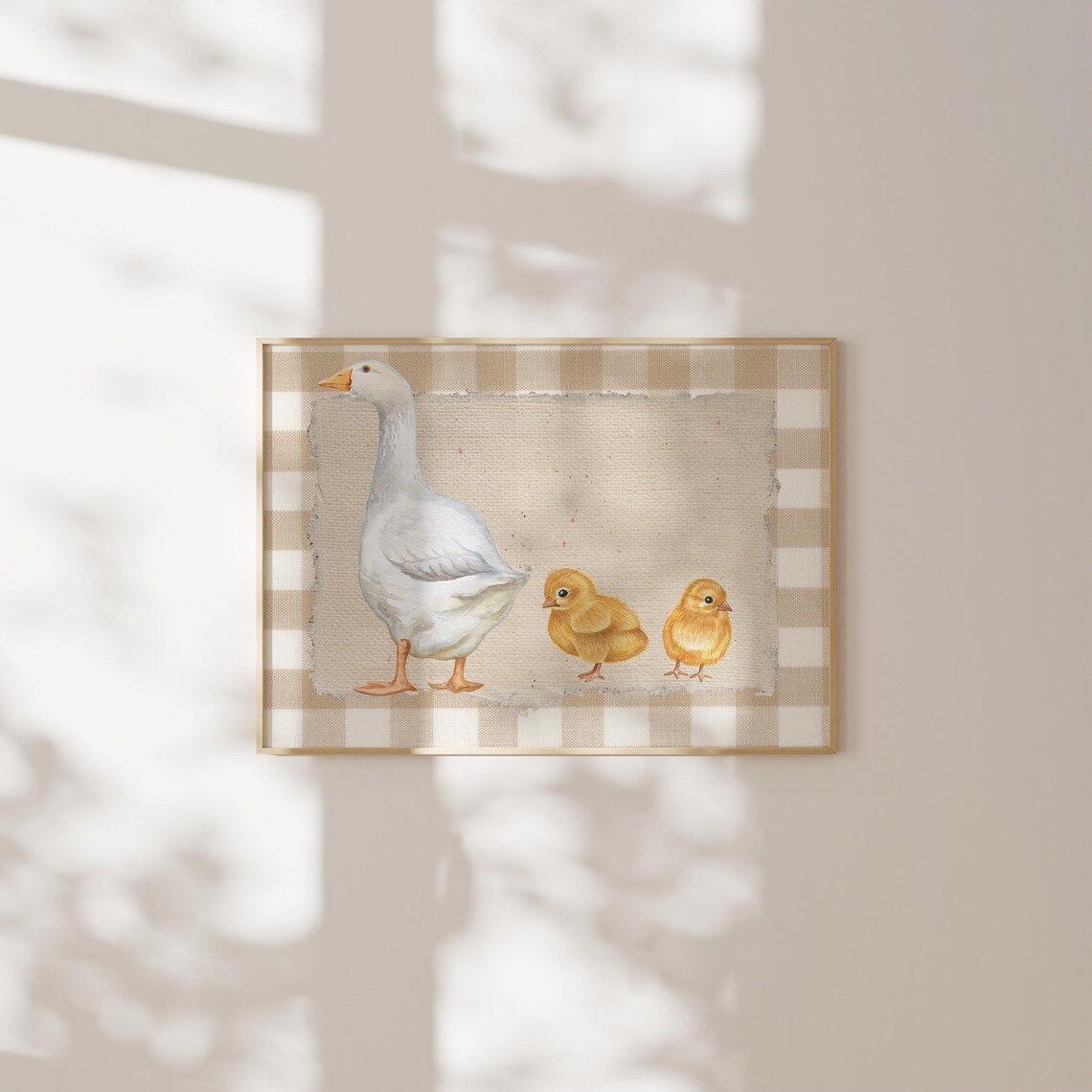Goose and Two Chicks Brown Gingham Mother Goose Nursery Poster - Image 2