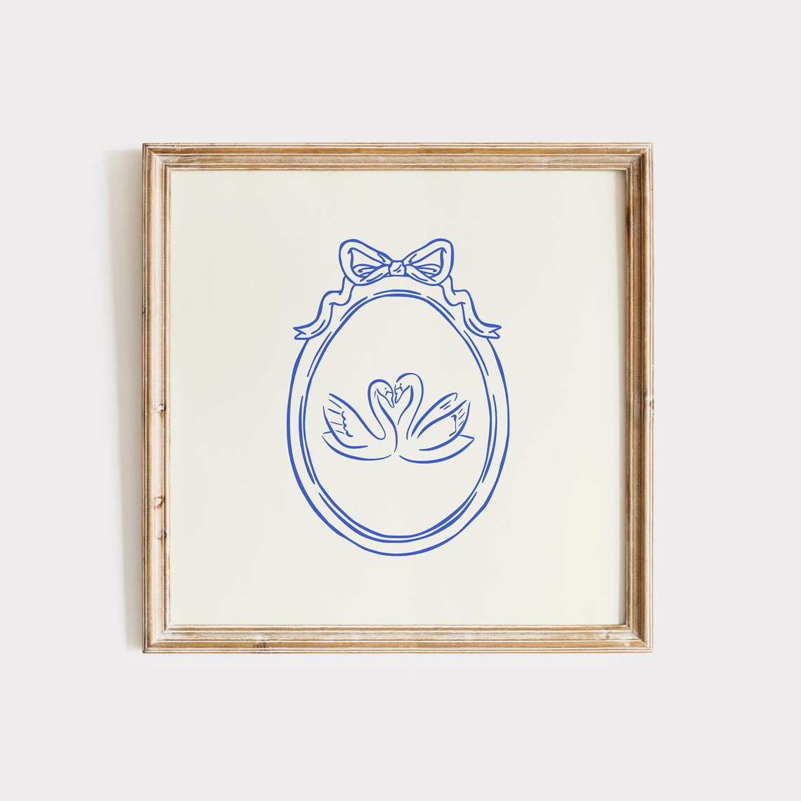 Blue Line Two Kissing Swans Love Romantic Bow Oval Frame Art Print - Image 5