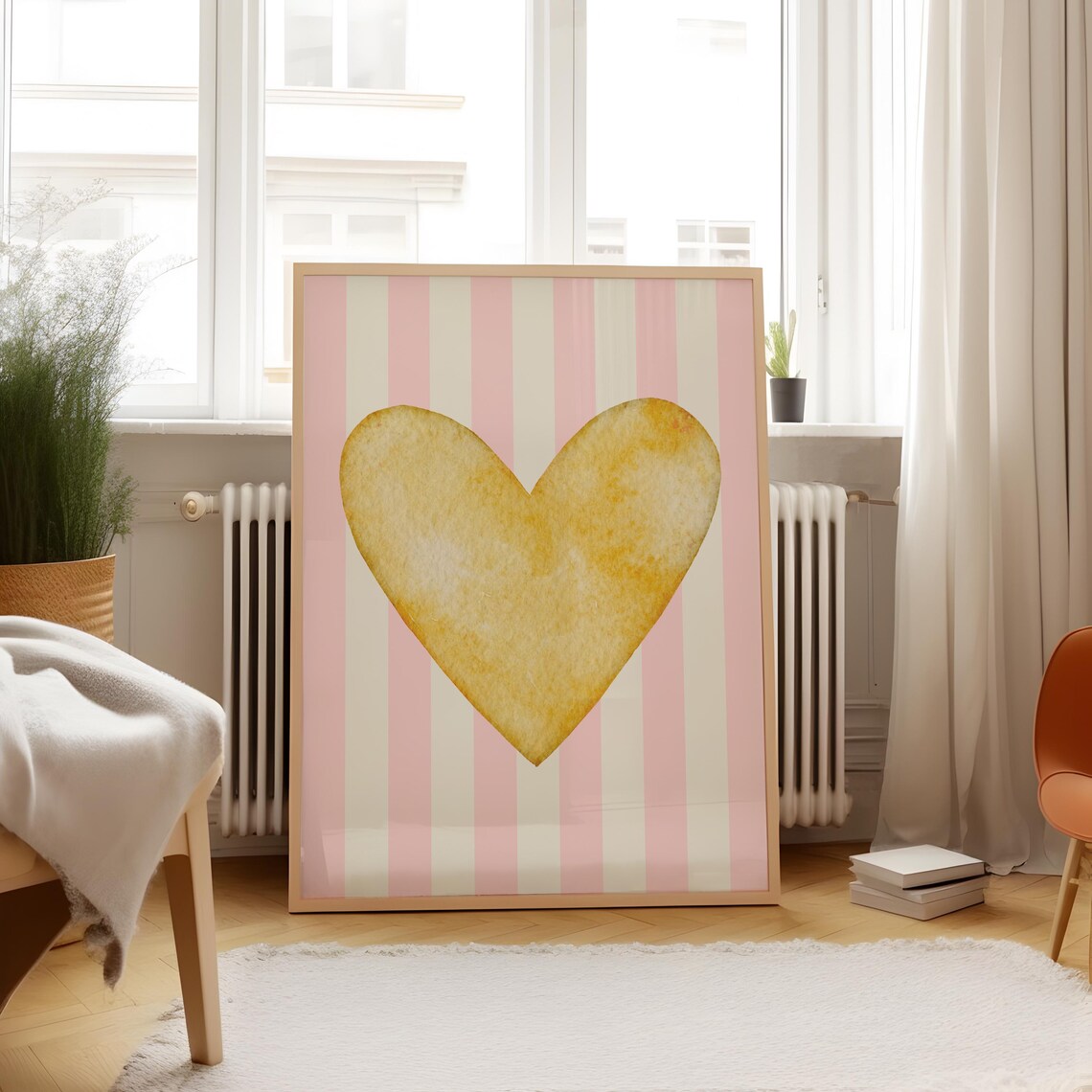 Yellow Watercolor Heart Pink Stripe Background Valentine Art Poster - Image 5