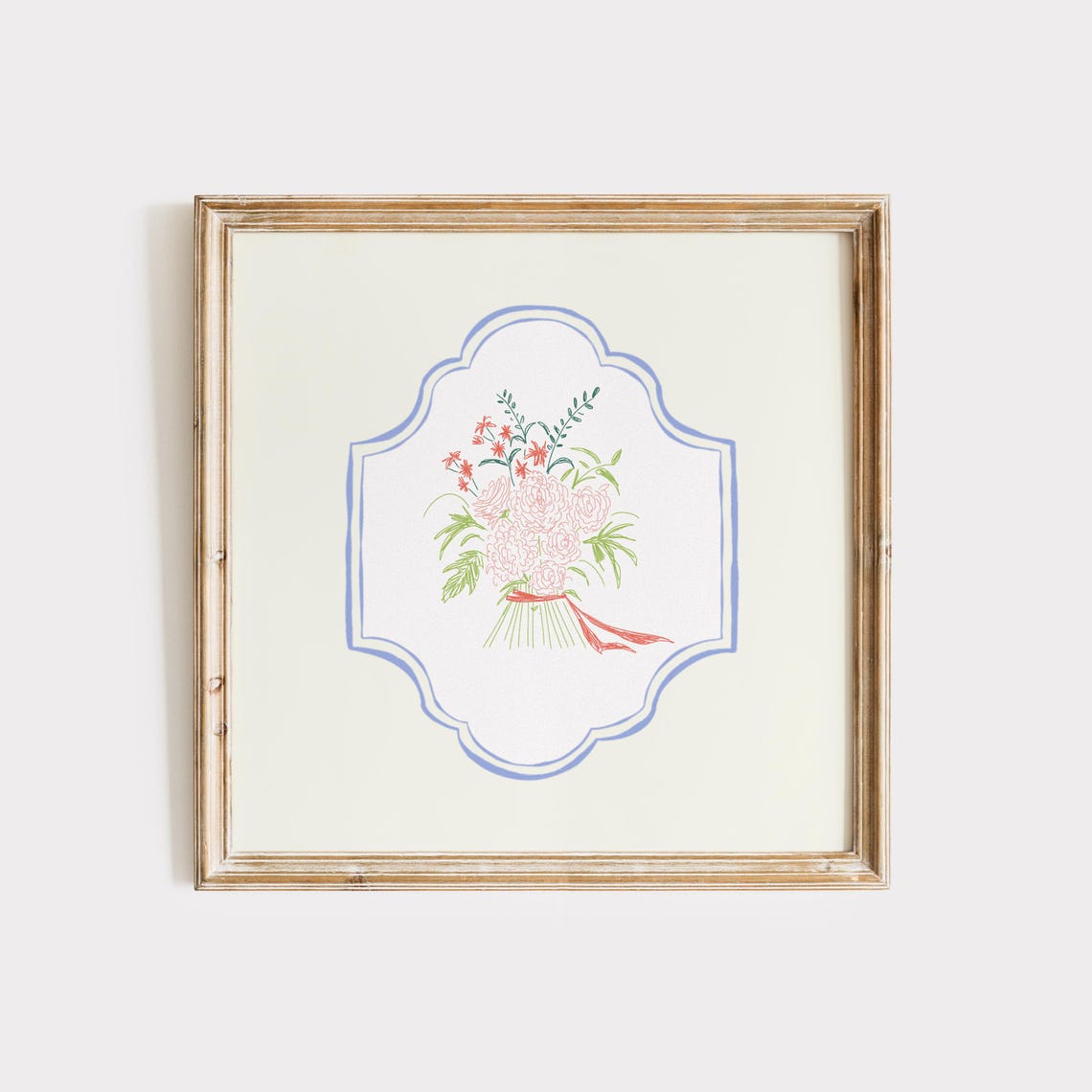 Hand Drawn Peony Bouquet Doodle Medallion Botanical Wall Art Print