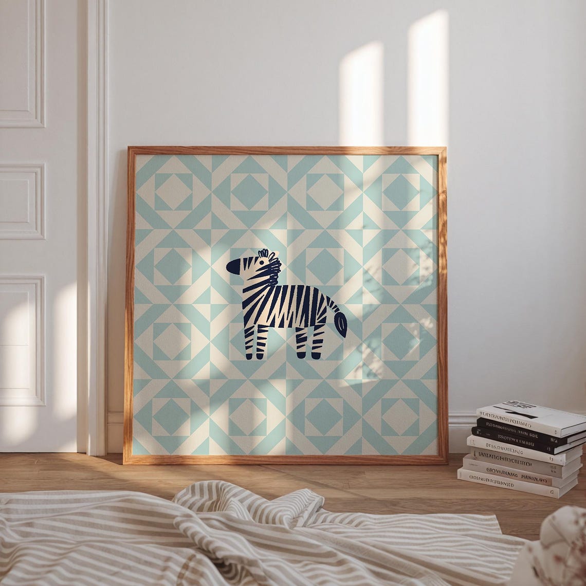 Cute Navy Zebra Blue Geometric Quilt Patchwork Kids Nursery Poster - Image 2