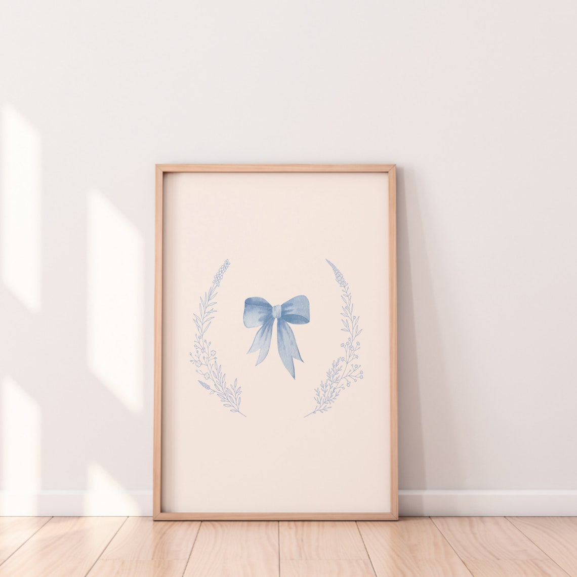 Dusty Blue Bow with Delicate Botanical Wreath Minimalist Wall Art - Image 2