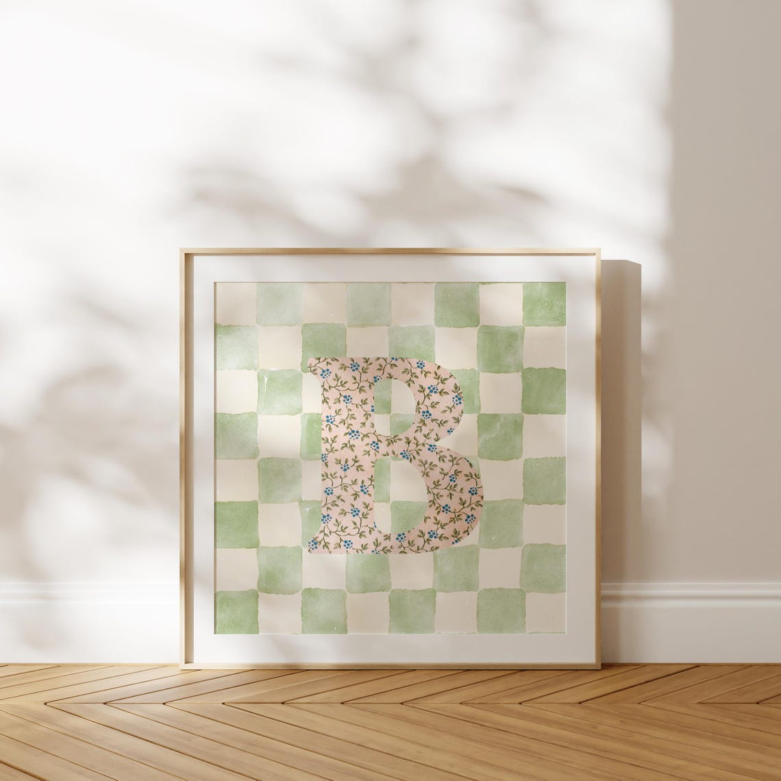 Floral Letter B Green Gingham Checkered Initial Nursery Wall Poster - Image 4