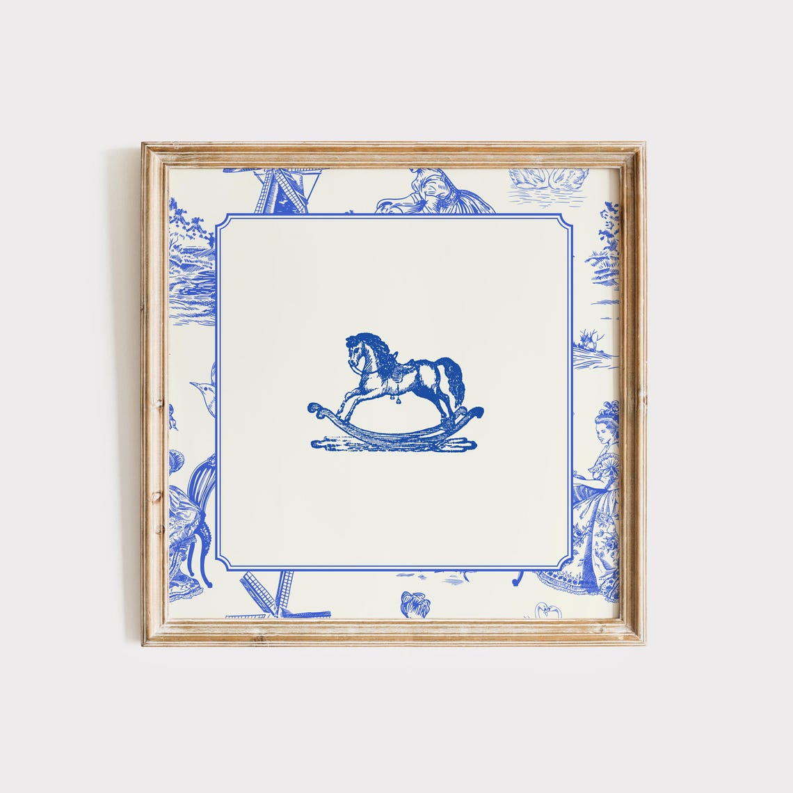 Blue Toile Border Vintage Rocking Horse Engraving Nursery Poster