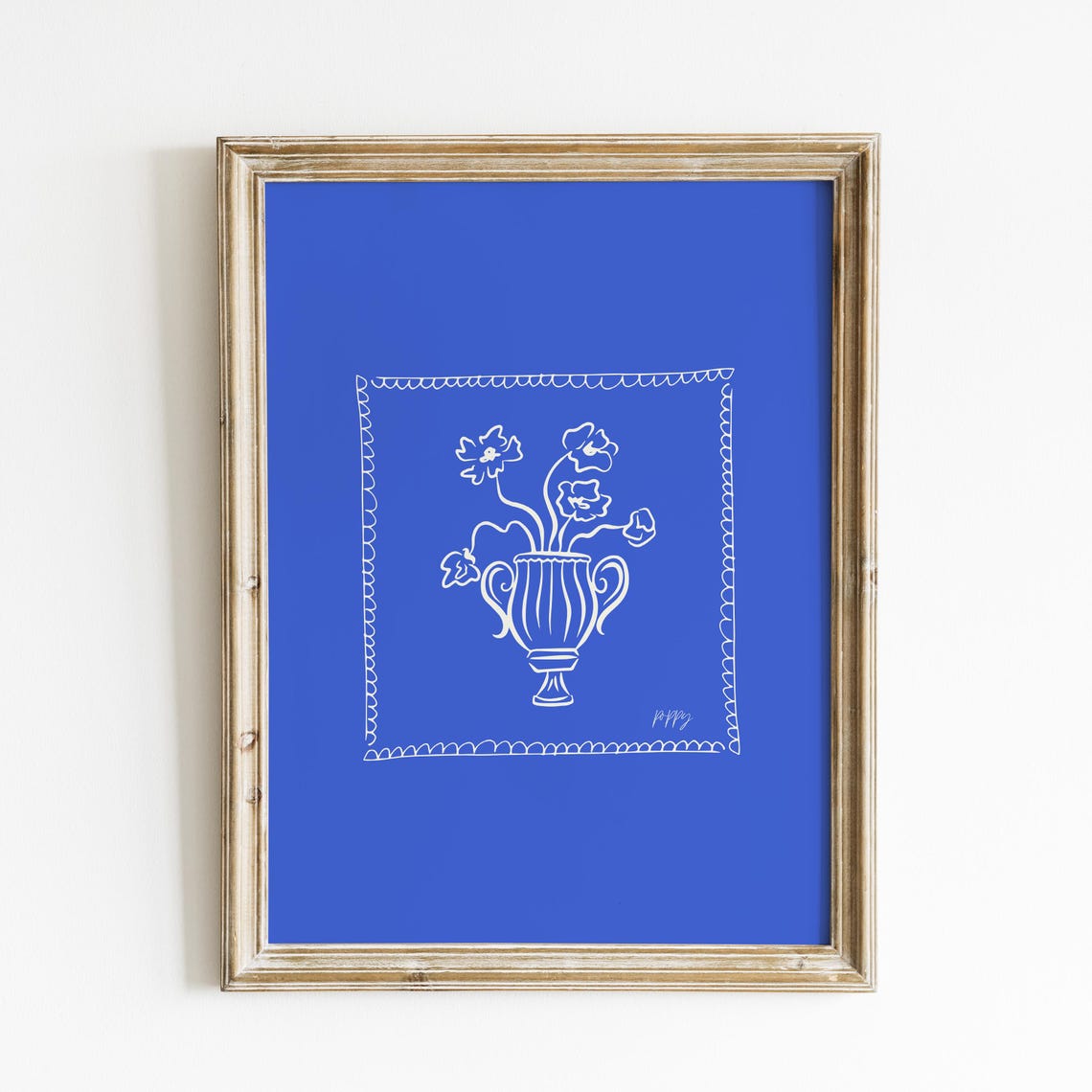 Cream Floral Urn Scalloped Border Cobalt Blue Bold Botanical Poster - Image 4