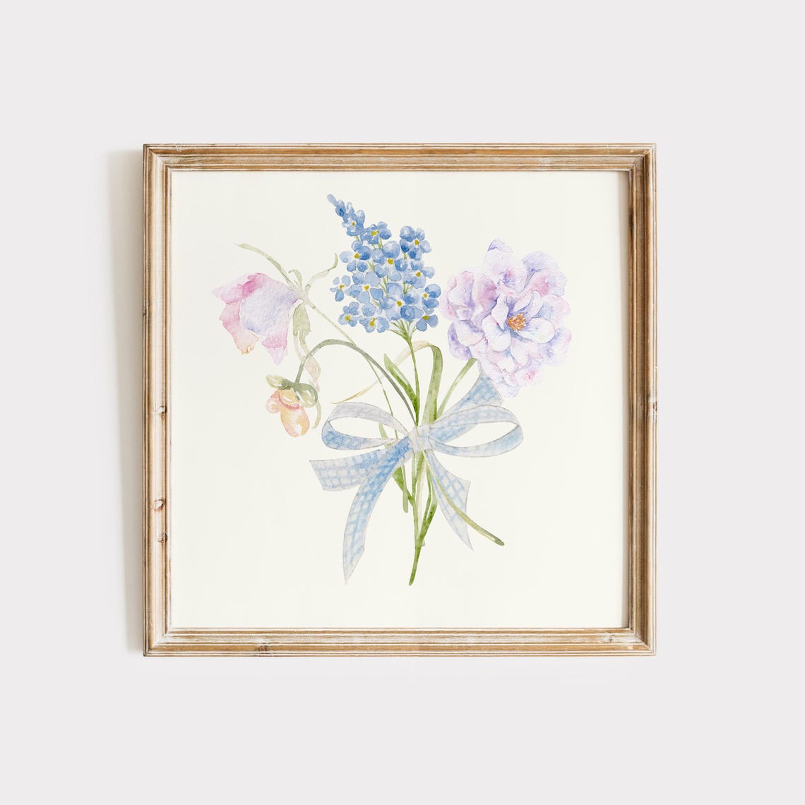 Pastel Wildflower Bouquet With Gingham Bow Watercolor Art Print