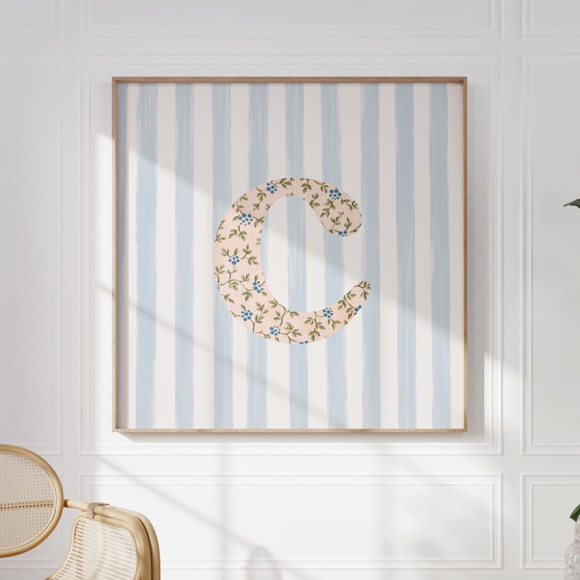 Floral Chintz Letter C Monogram Initial Blue Striped Wall Poster