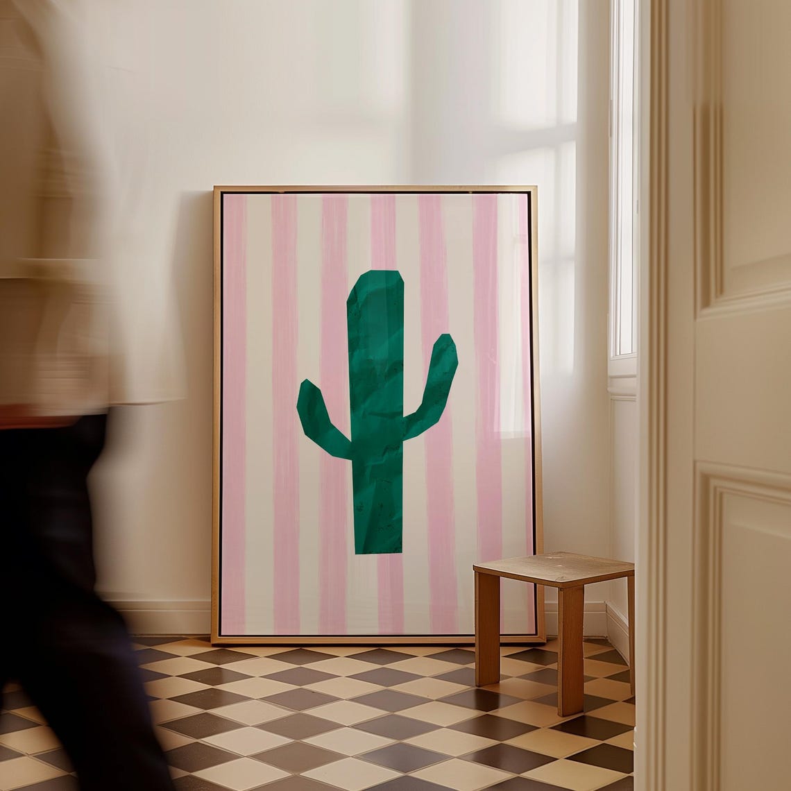 Emerald Green Cactus Pink Striped Background Modern Desert Art Poster