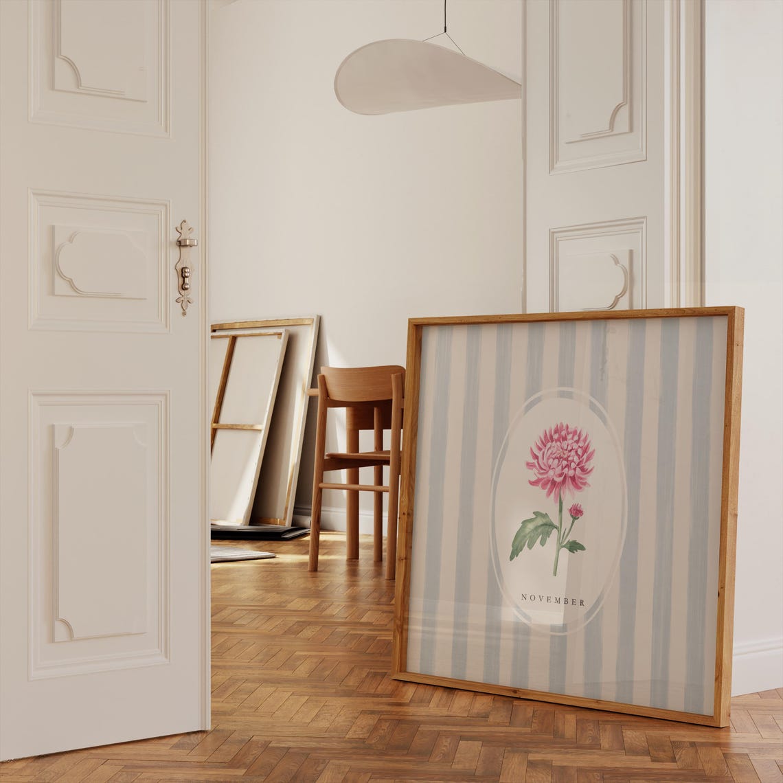 November Chrysanthemum Birth Flower Watercolor Striped Art Poster - Image 2
