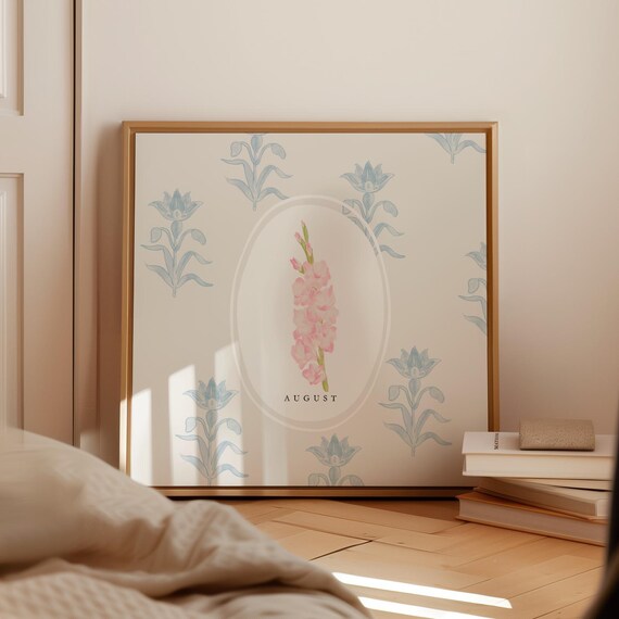 August Gladiolus Birth Month Flower Botanical Pink Bloom Watercolor Poster